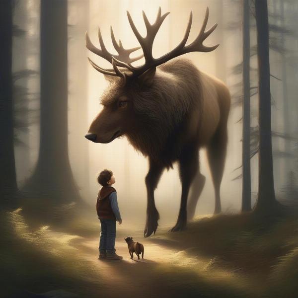 Orphan boy meeting an elk dog in the wilderness