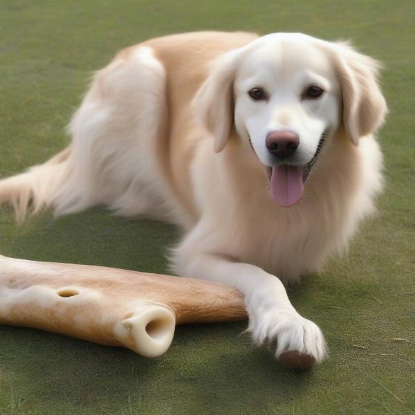 Dog chewing on an ostrich bone