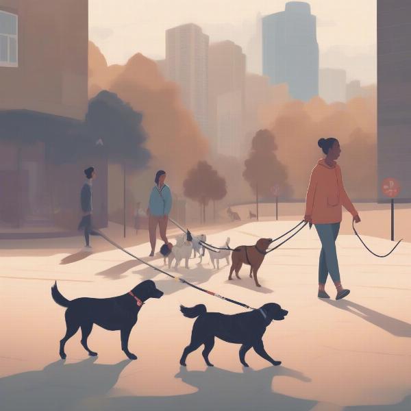 An owner walking four dogs on leashes