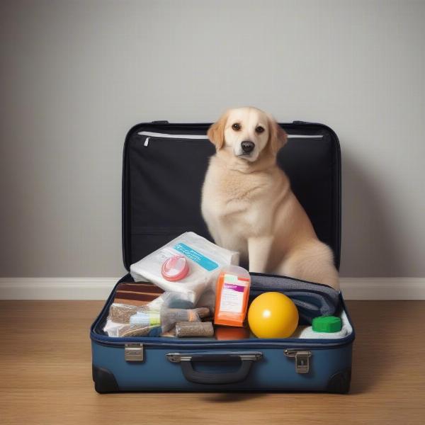 Essential items packed in a suitcase for a dog-friendly trip to Ayrshire, Scotland, including dog food, leash, toys, and first-aid kit.