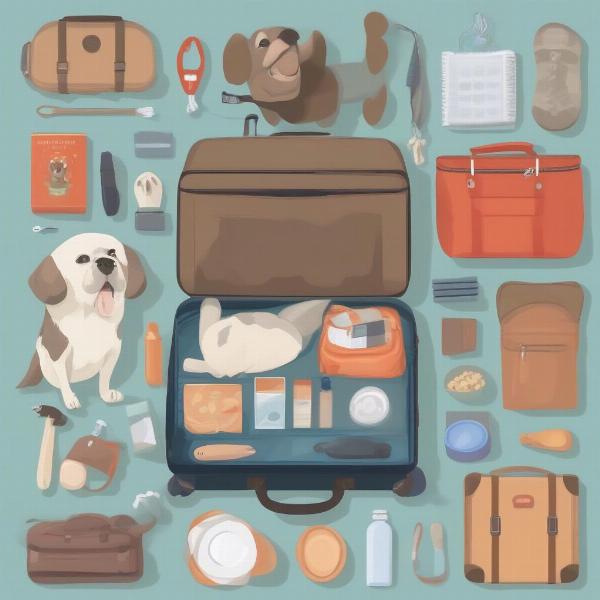 Packing essentials for a dog-friendly trip to Looe, including food, bowls, lead, toys, and first-aid kit.