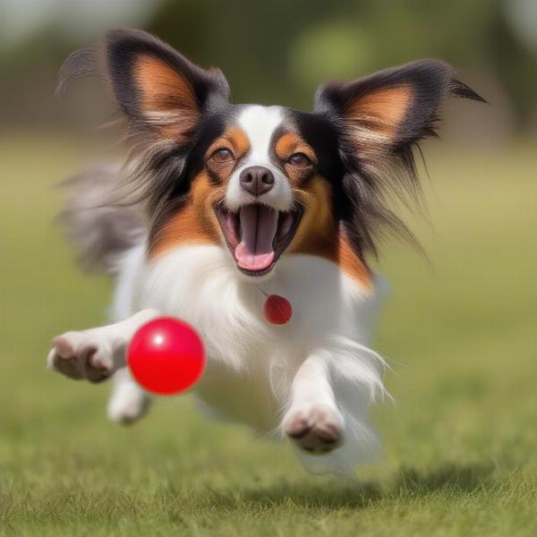 Papillon dog playing fetch in the park