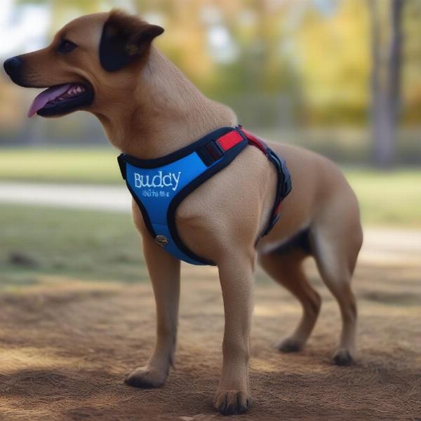 Personalised dog harness with the dog's name embroidered on it