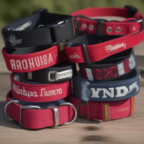 Personalized dog collars and tags with unique designs and engravings.