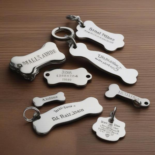 Different sizes of personalized dog bone tags.