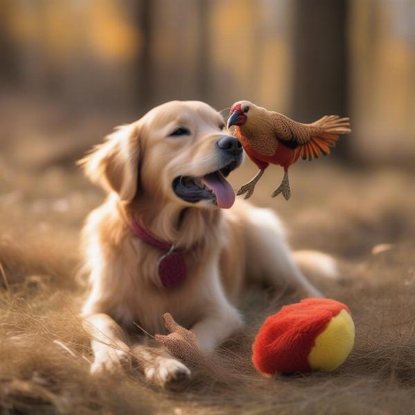 Dog enjoying a pheasant toy