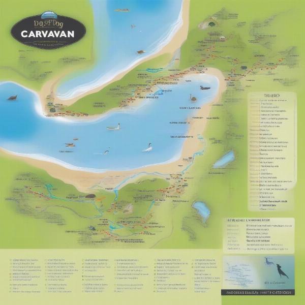 Map showing locations of dog-friendly caravan parks and activities on Phillip Island.