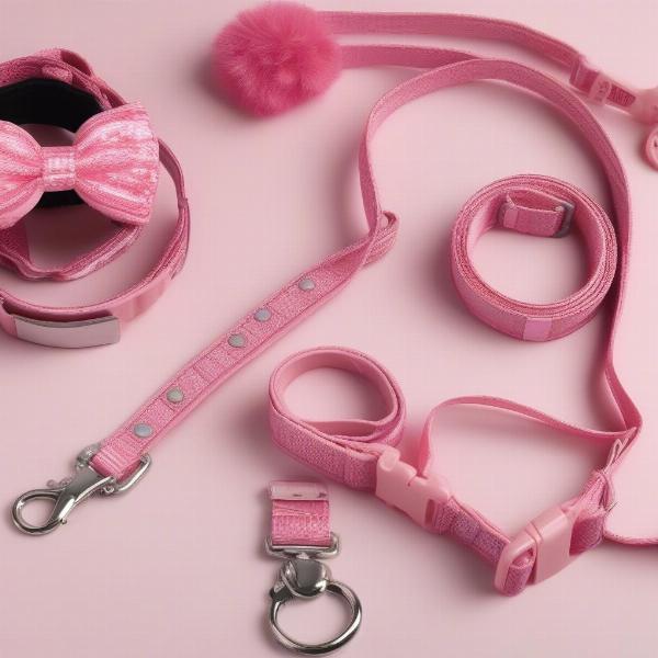 Pink dog accessories: collar, harness, leash