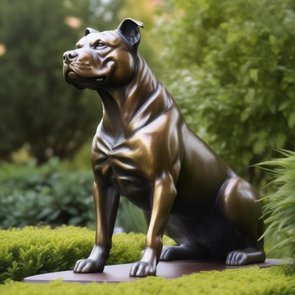 Pitbull dog statue in a garden setting