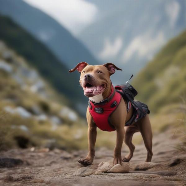 Pitbull Wearing Boots on a Hike