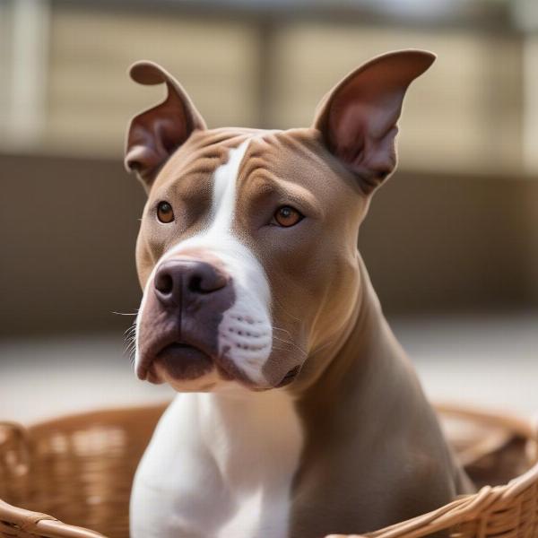 Pitbull wearing a muzzle comfortably