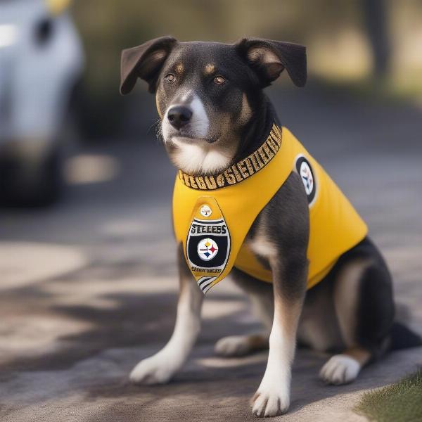 A dog wearing various Pittsburgh Steelers accessories