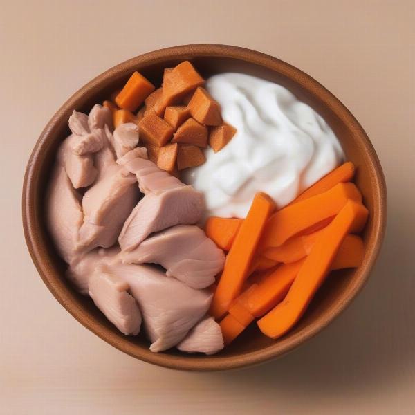 Plain Cooked Chicken, Sweet Potato, Carrots, and Yogurt for Dogs