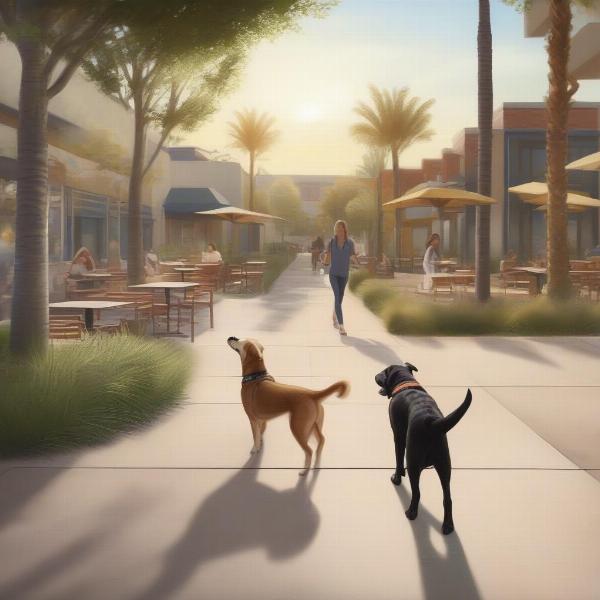 Dog-friendly activities in Playa Vista: Walking paths, pet-friendly patios at restaurants, and the vibrant community atmosphere.