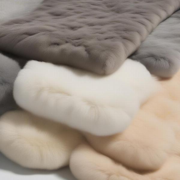 Close-up view of different plush dog bed materials: faux fur, microfiber, and cotton.