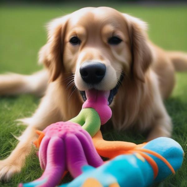 Happy dog playing with a plush octopus toy