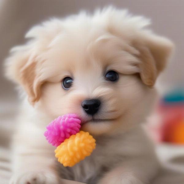 Pomapoo puppy playing with a toy