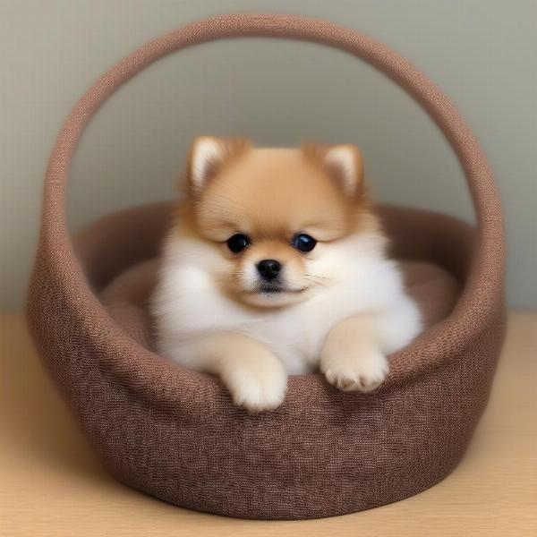 Pomeranian puppy sleeping in its bed