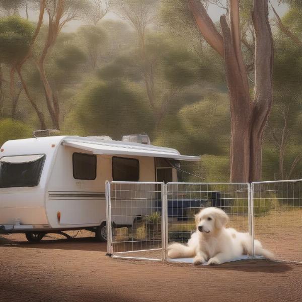 Portable dog fence setup next to a caravan in the Australian outback.