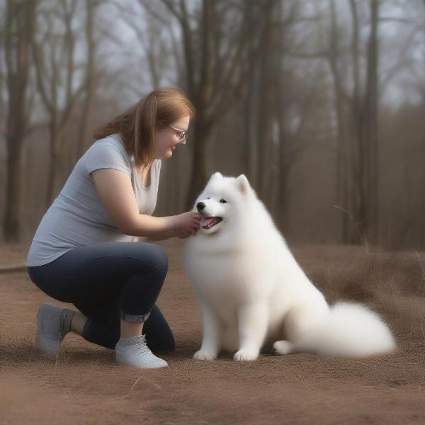 Posing a dog for a photo shoot: A photographer kneels down, using a squeaky toy to get the dog's attention and guide its gaze towards the camera. The dog, a fluffy Samoyed, sits patiently, looking alert and engaged.