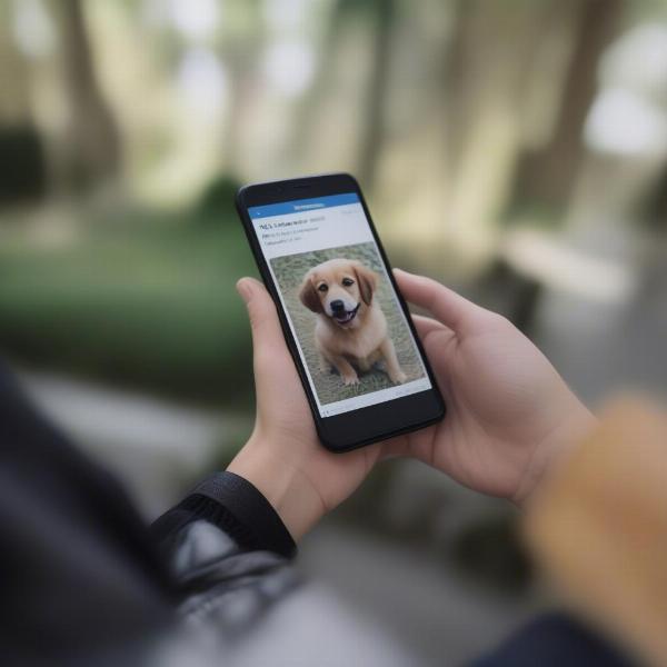 A person using their phone to post about a found dog on a local Albuquerque Facebook group