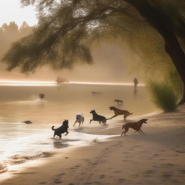 Dogs playing fetch at Prairie Oaks Dog Beach