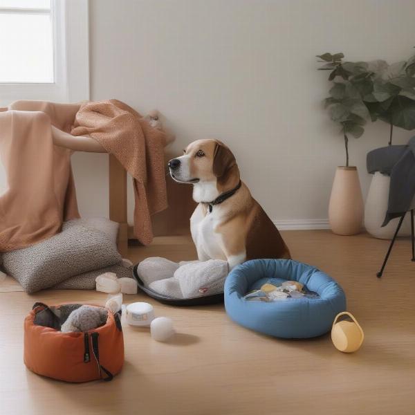 Dog owner packing a bag with their dog's belongings for boarding.