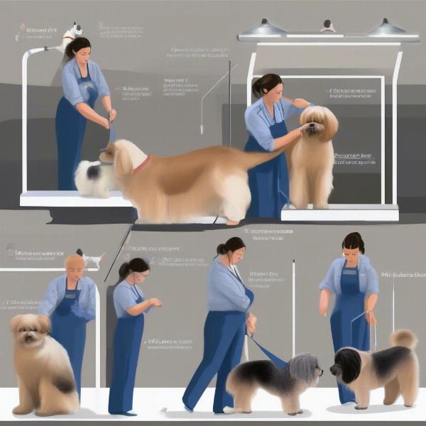 A dog being groomed and trained for a dog show, focusing on coat care and handling practice.