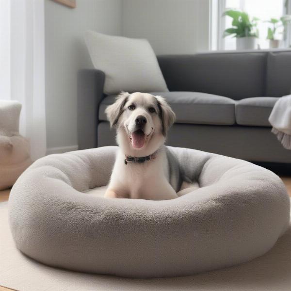 A comfortable dog bed set up in a cozy corner of a home, ready for a rescue dog