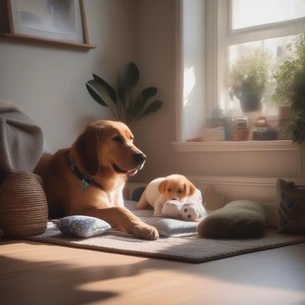 Preparing a home in Bournemouth for a newly adopted dog, showcasing essential supplies like a bed, bowls, and toys.