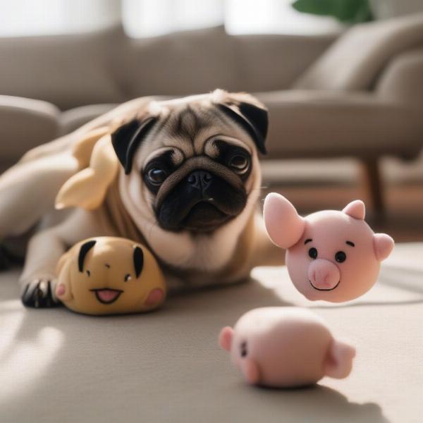 Pug playing with a plush toy