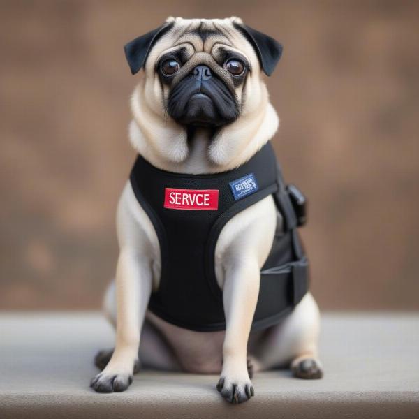 Pug wearing a service dog vest