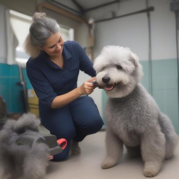 A Pumi dog being groomed by its owner