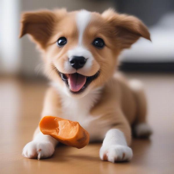 Puppy Enjoying Sweet Potato Treat