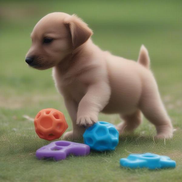 Puppy learning to share toys