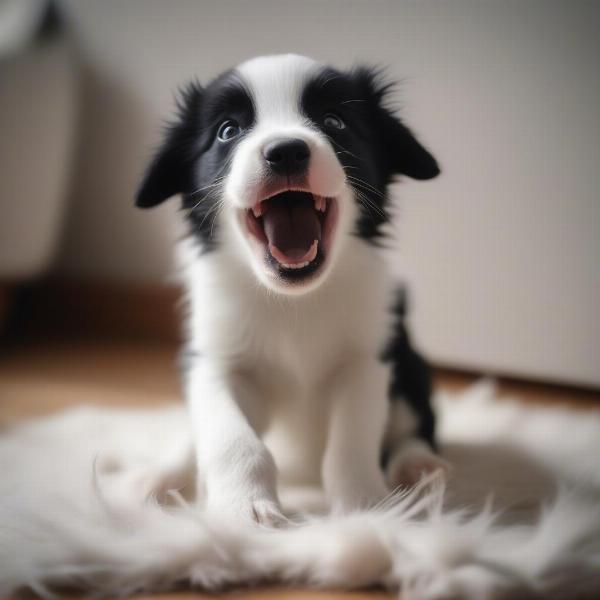 A puppy playfully interacting with a sheepskin rug