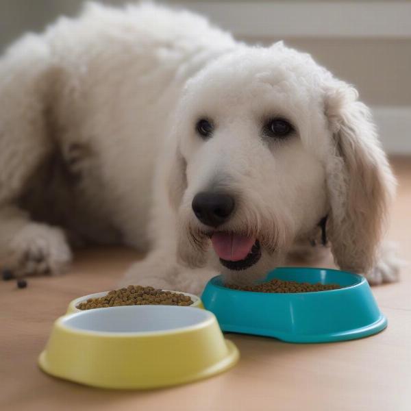 Pyredoodle eating from a bowl