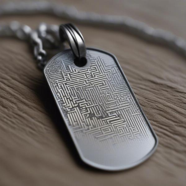 Close-up of a QR code engraved on a dog tag