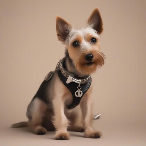 Quirky car part dog names: A playful terrier wears a collar with a miniature spark plug charm.