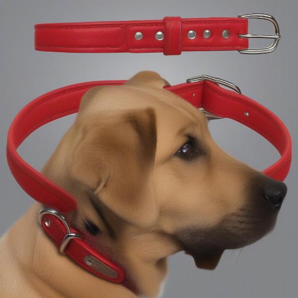 Different styles of red dog collars like martingale, flat buckle, and harness collars.