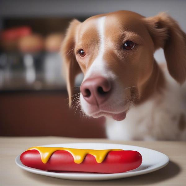 Dog eating a red hot dog