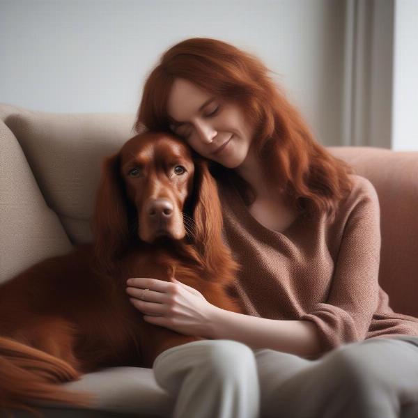 Red Setter cuddling with its owner on the sofa