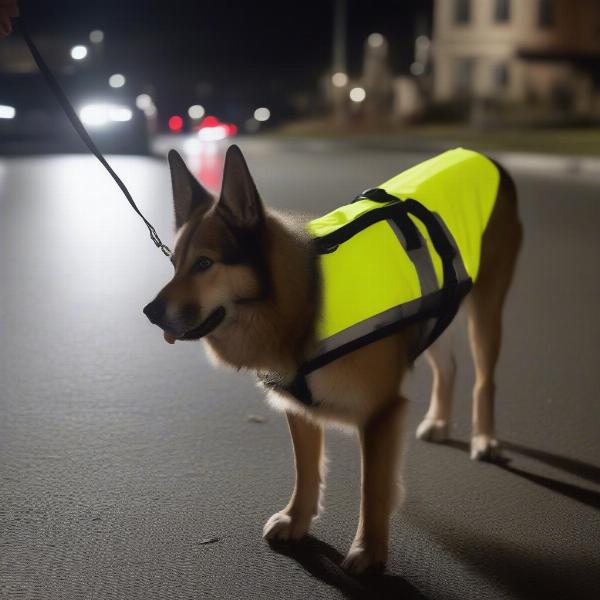 Dog wearing a reflective vest during a night walk