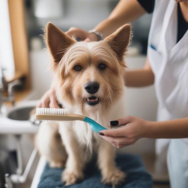 Regular dog grooming essentials: brush, shampoo, conditioner, towels.