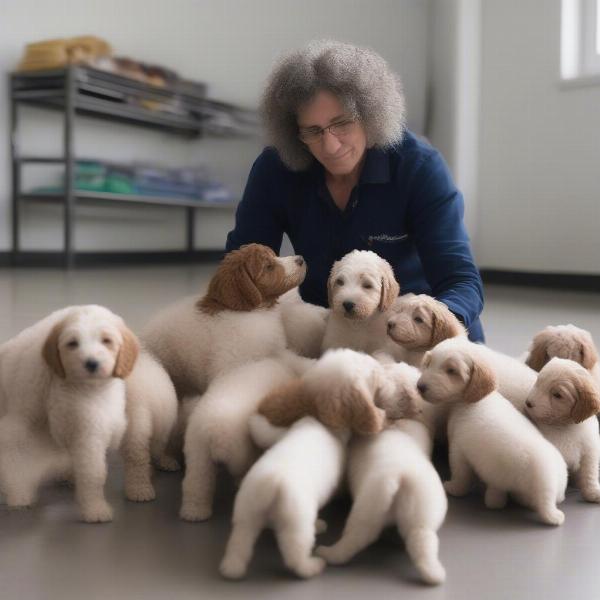 Reputable Spanish Water Dog breeder interacting with puppies