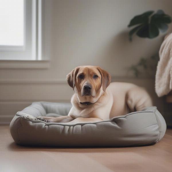 Rescue dog resting comfortably in its safe space