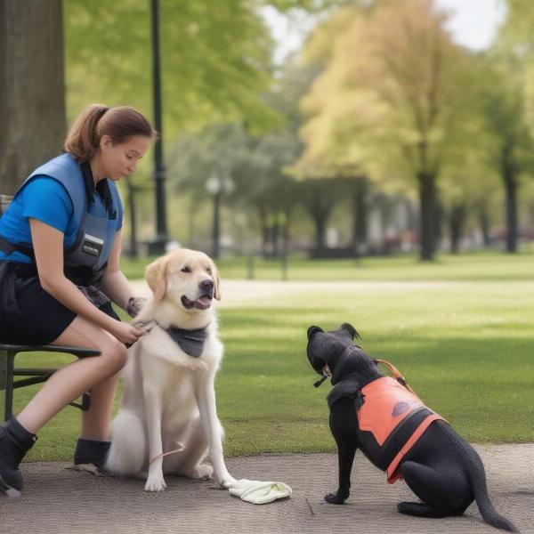 A service dog owner cleaning up after their dog.