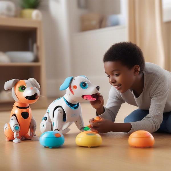 Robot dog toys designed for children, featuring bright colors and interactive play features.