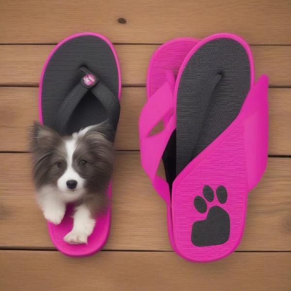 Dog paws next to a pair of Rocket Dog flip flops