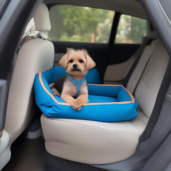 Dog sleeping comfortably in a roll up dog bed during a car trip